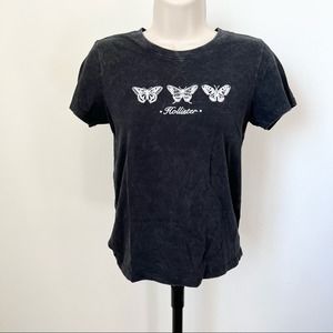 Hollister Butterfly Baby Tee Embroidered T Shirt Short Sleeve Top Faded Black XS